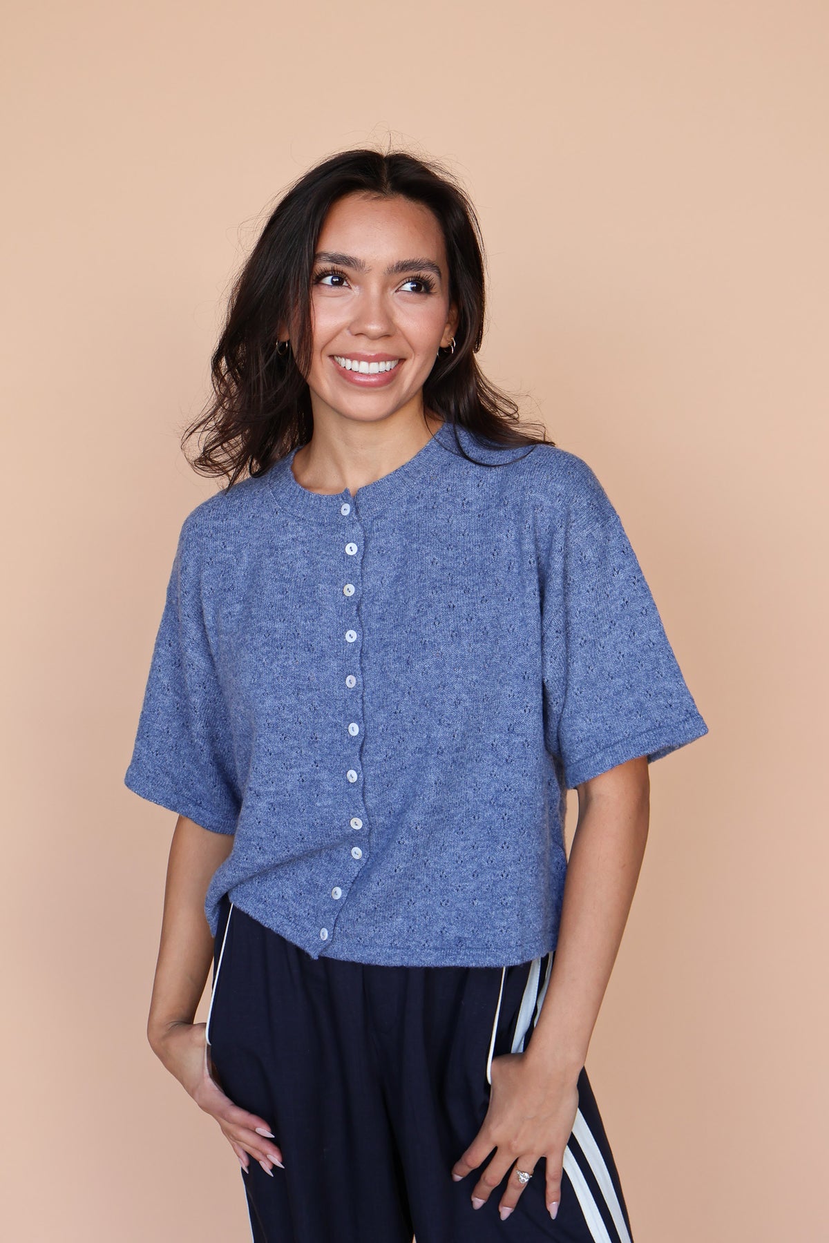 Pointelle Knit Cardigan in Denim Blue Secondary image