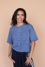 Pointelle Knit Cardigan in Denim Blue