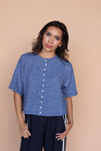 Pointelle Knit Cardigan in Denim Blue