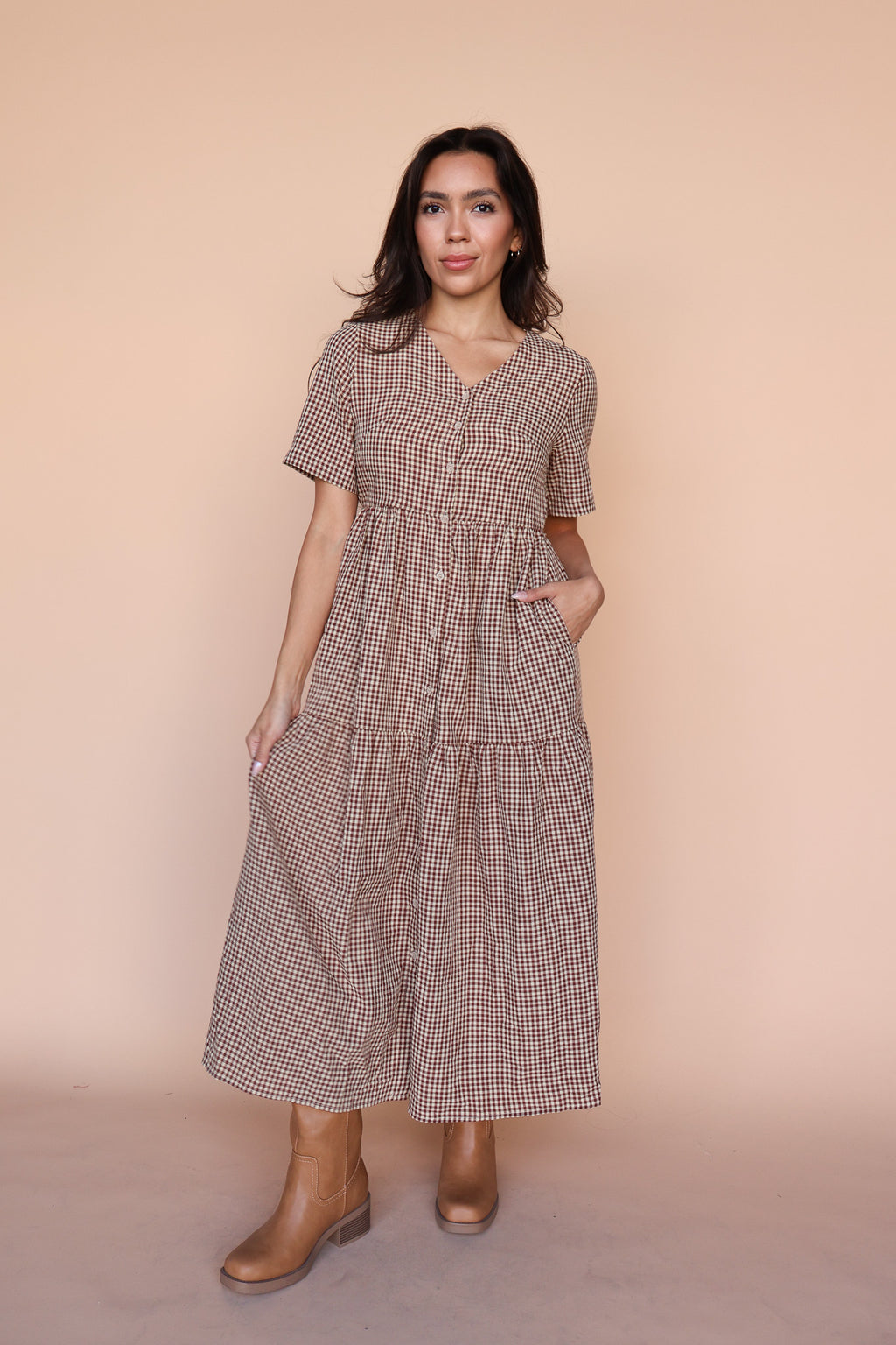 Zoe Gingham Midi in Burgundy
