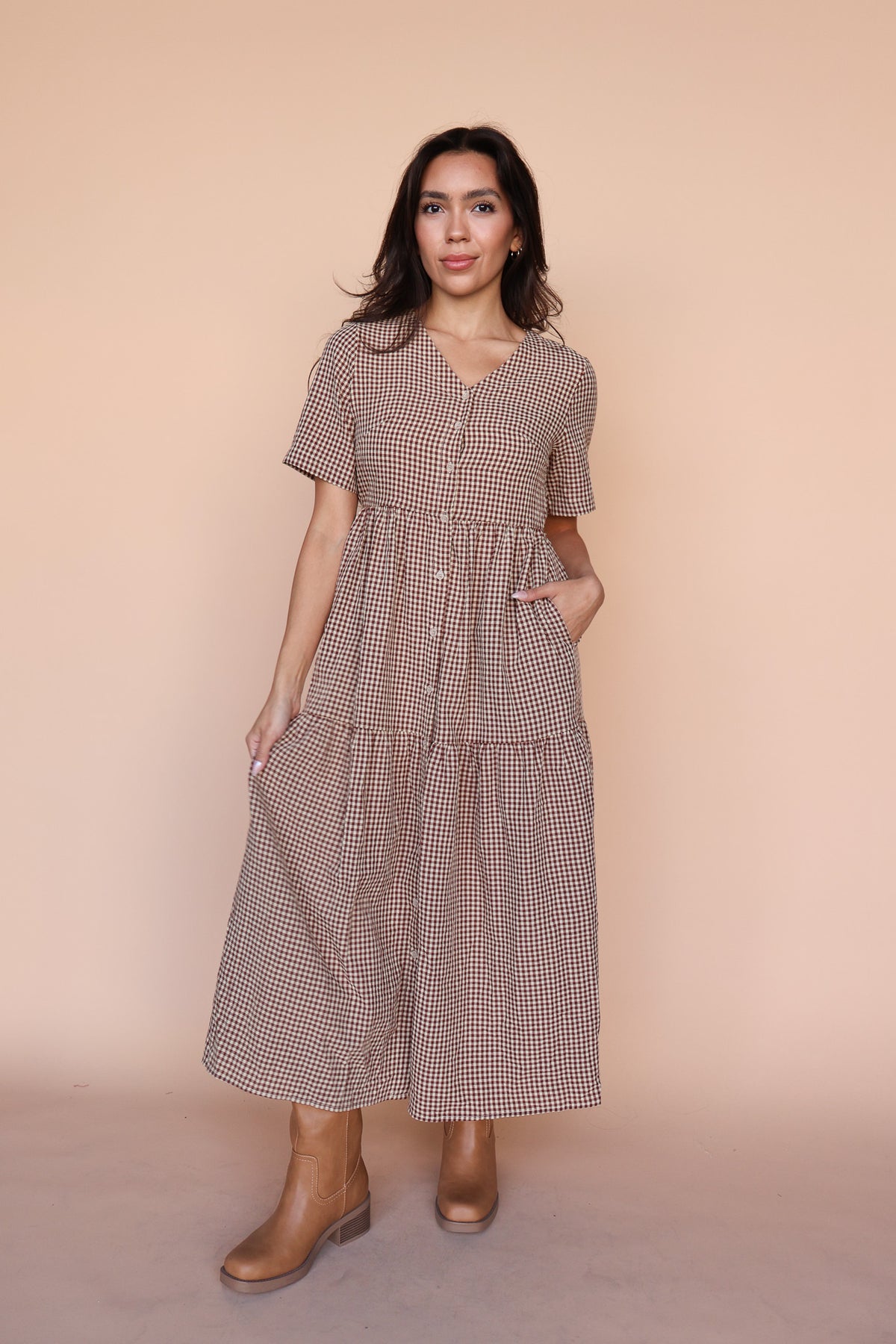 Zoe Gingham Midi in Burgundy