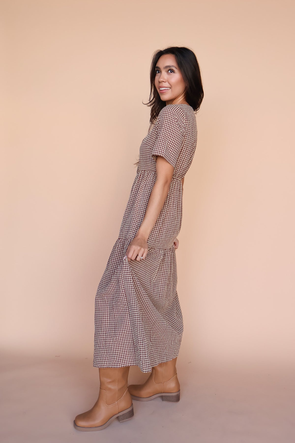 Zoe Gingham Midi in Burgundy