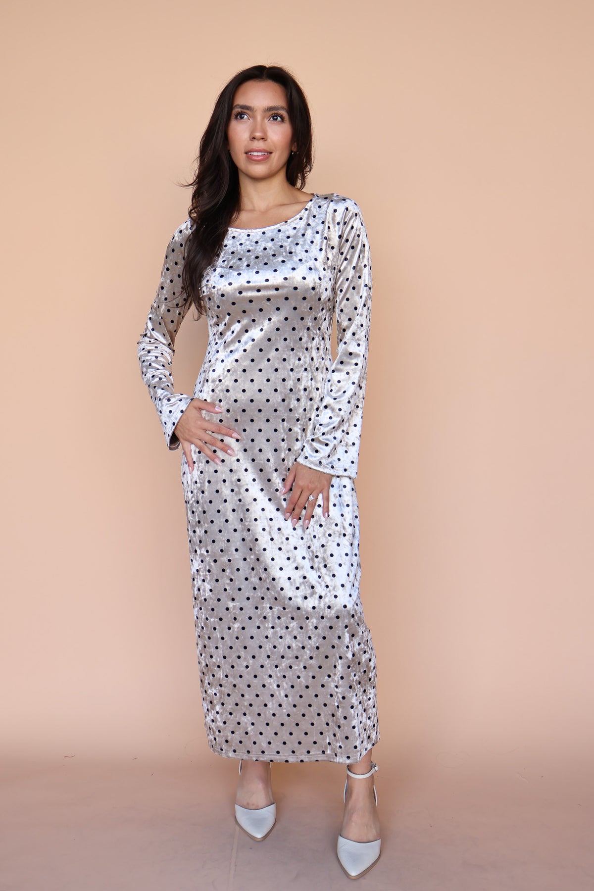 Serena Polka Dot Velvet Maxi in Champagne Secondary image
