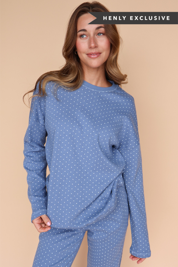 Blaire Polka Dot Pointelle Top in Dusty Blue