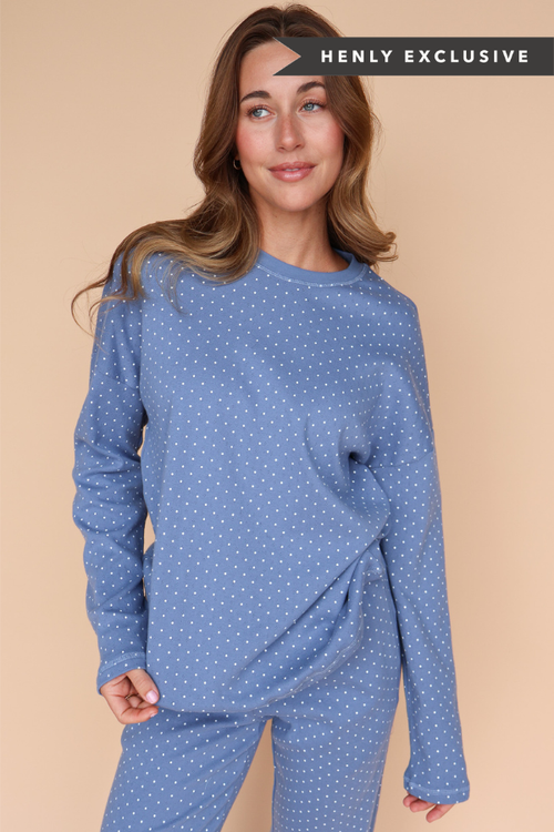 Blaire Polka Dot Pointelle Top in Dusty Blue