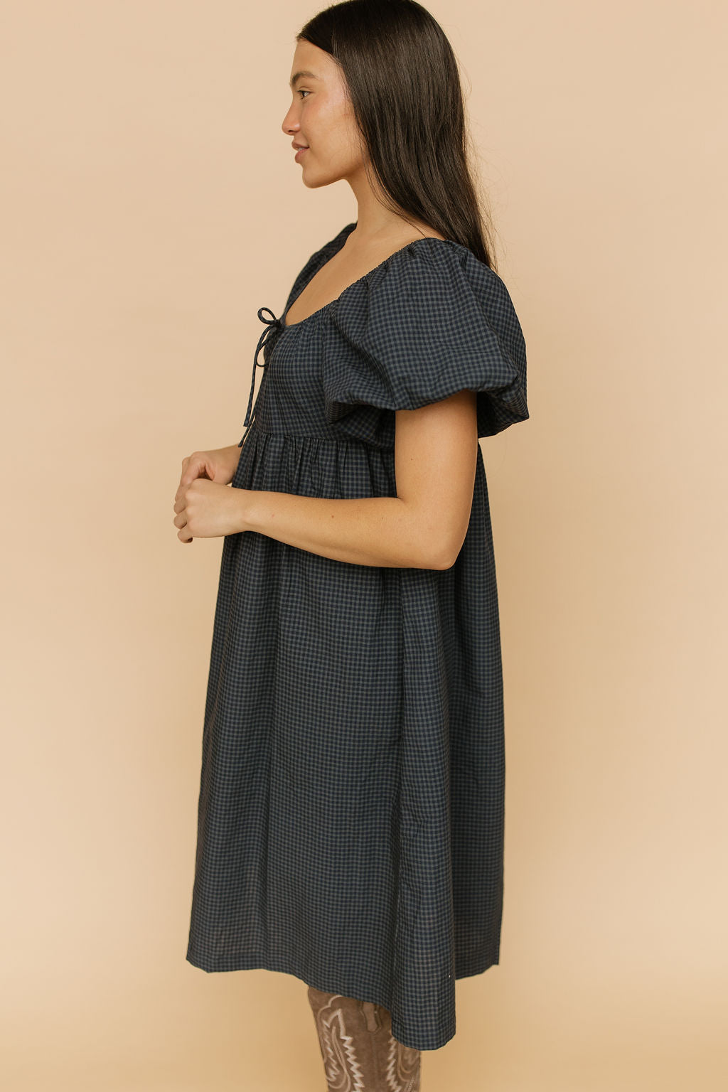 Elora Gingham Midi in Navy