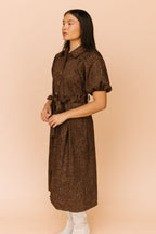 leopard denim dress Print Mini Collared Bib Purple Door Boutique back finish Shirt Leopard Print Ruched Waist Popper