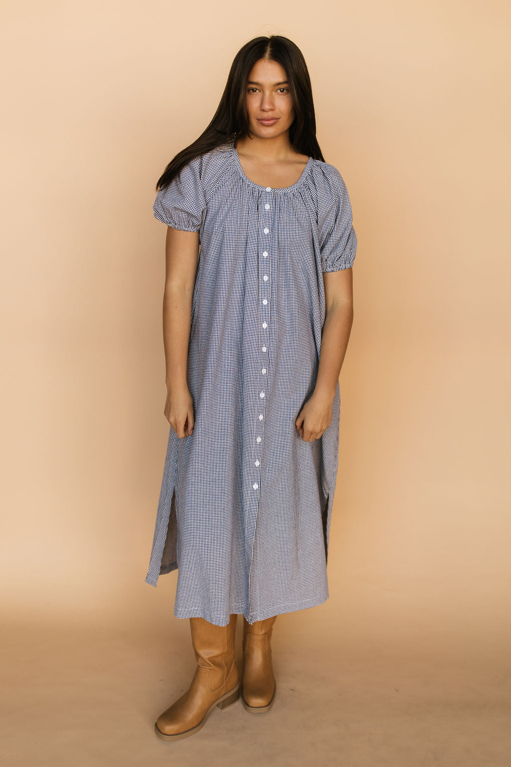 Eliza Gingham Midi in Navy