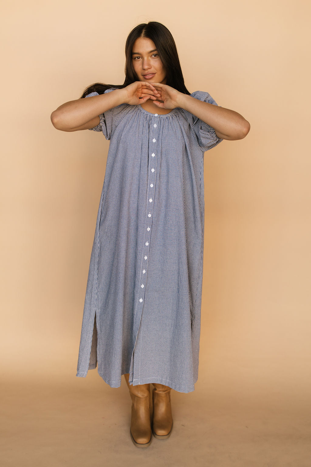 Eliza Gingham Midi in Navy
