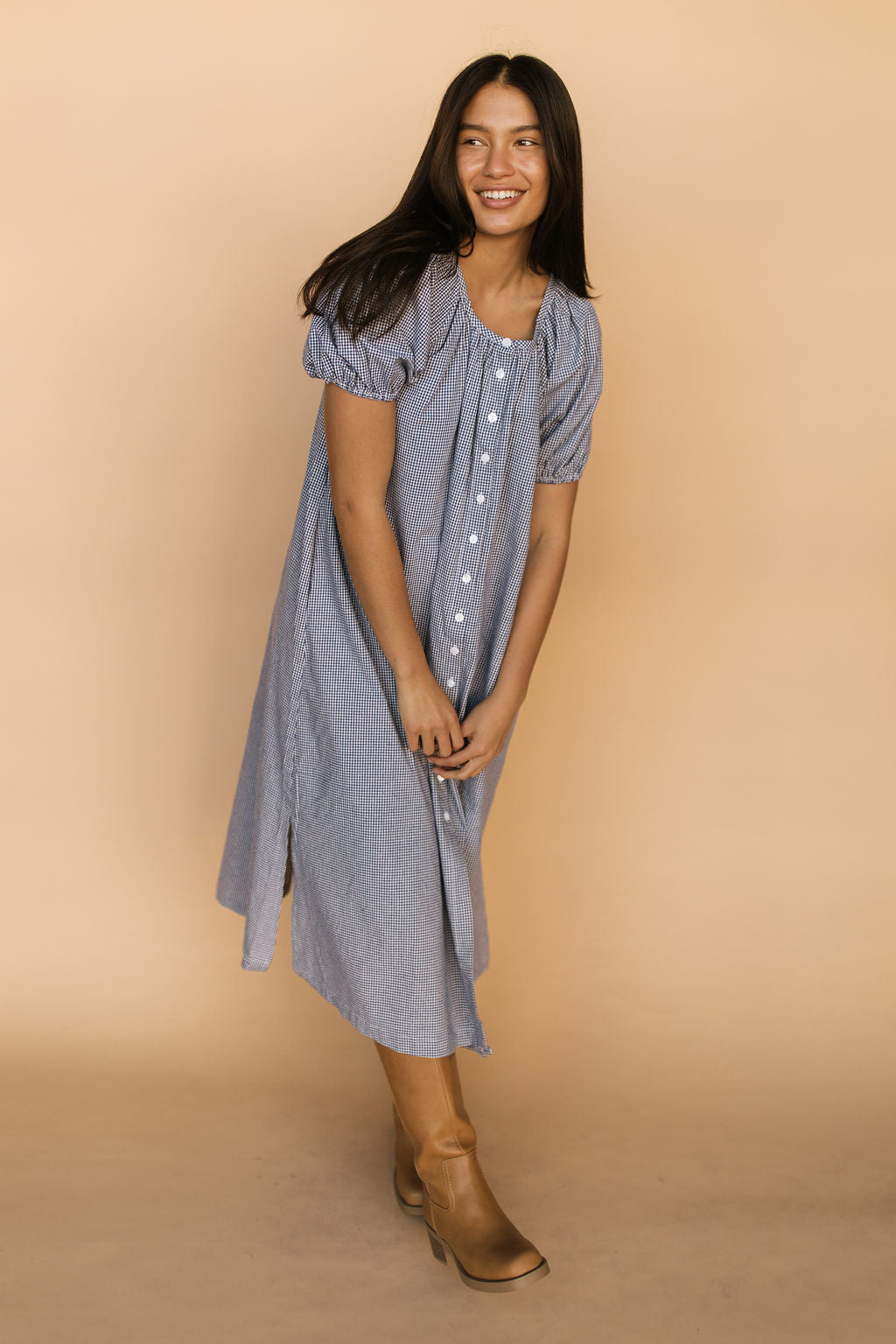 Eliza Gingham Midi in Navy