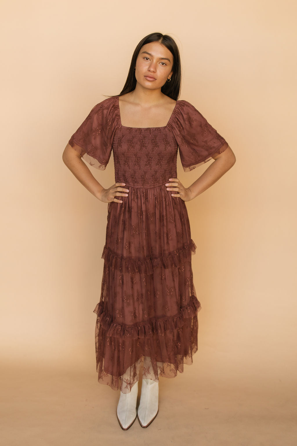 Hallie Mesh Maxi Dress in Chocolate Secondary image