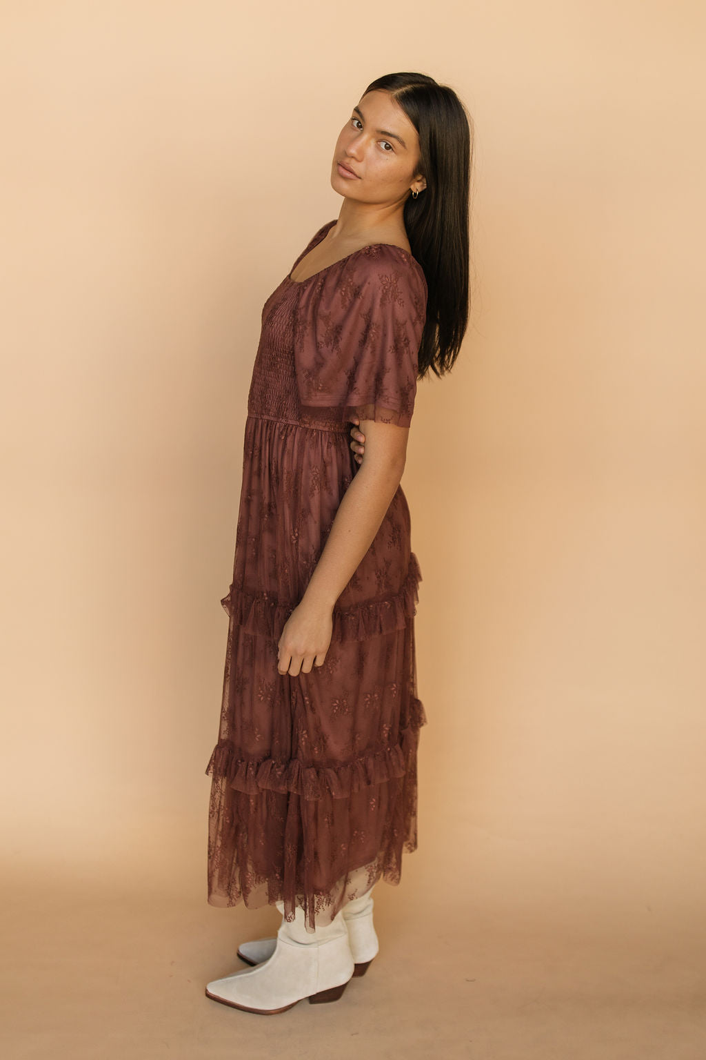 Hallie Mesh Maxi Dress in Chocolate