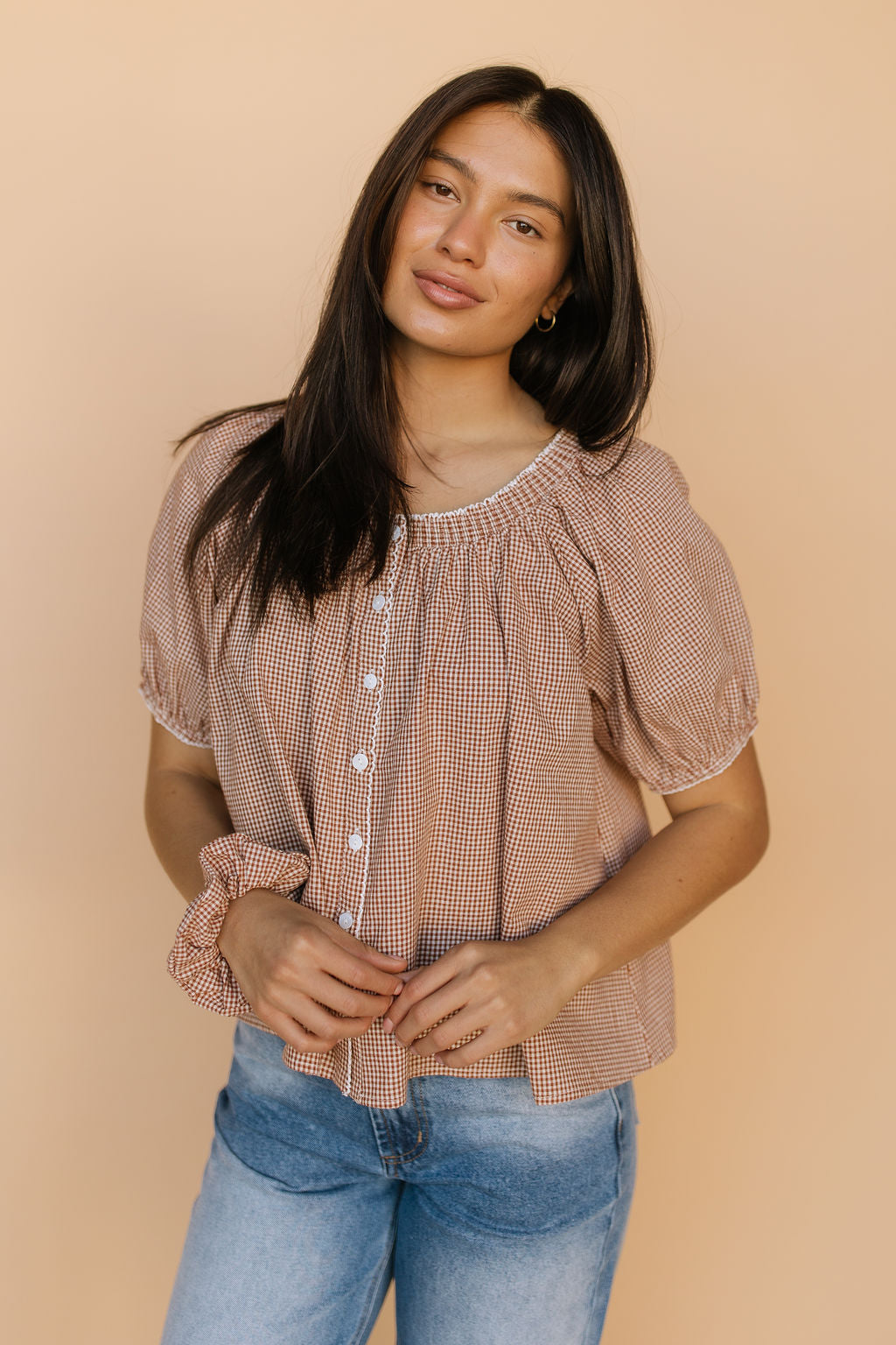 Quincy Gingham Top in Brown Main image