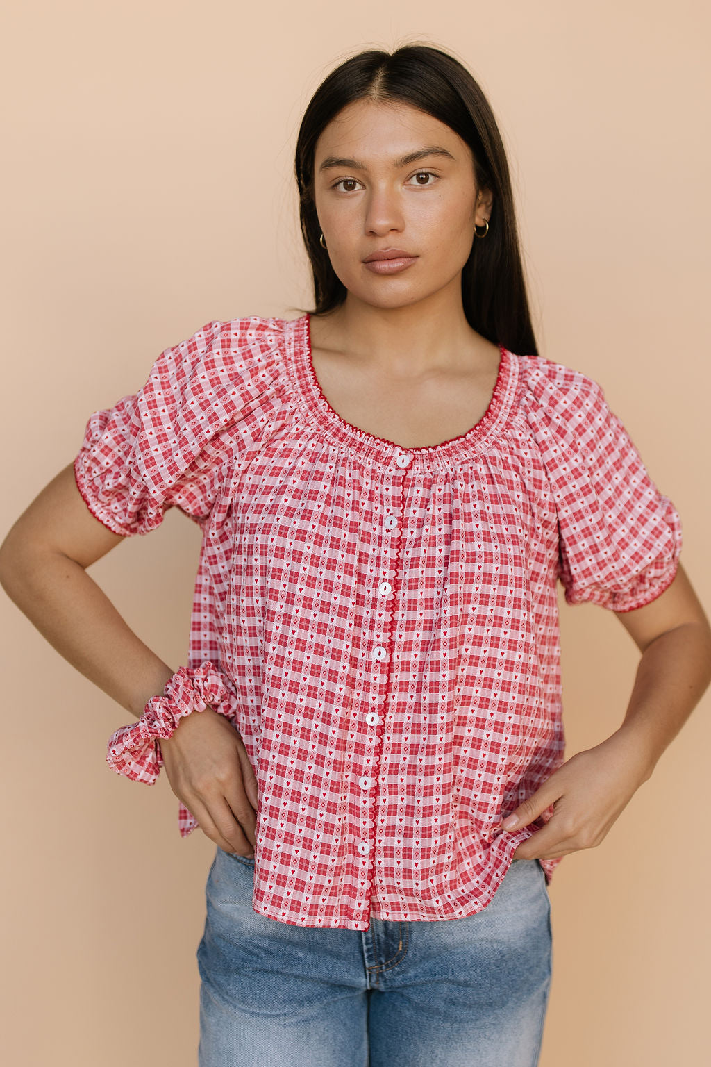 Gwen Gingham Heart Blouse in Red