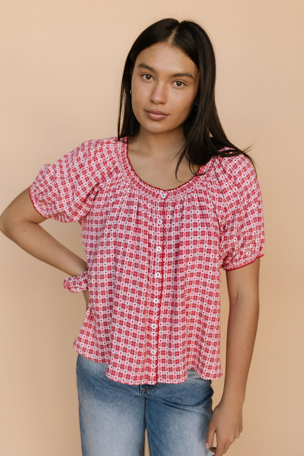 Gwen Gingham Heart Blouse in Red Main image