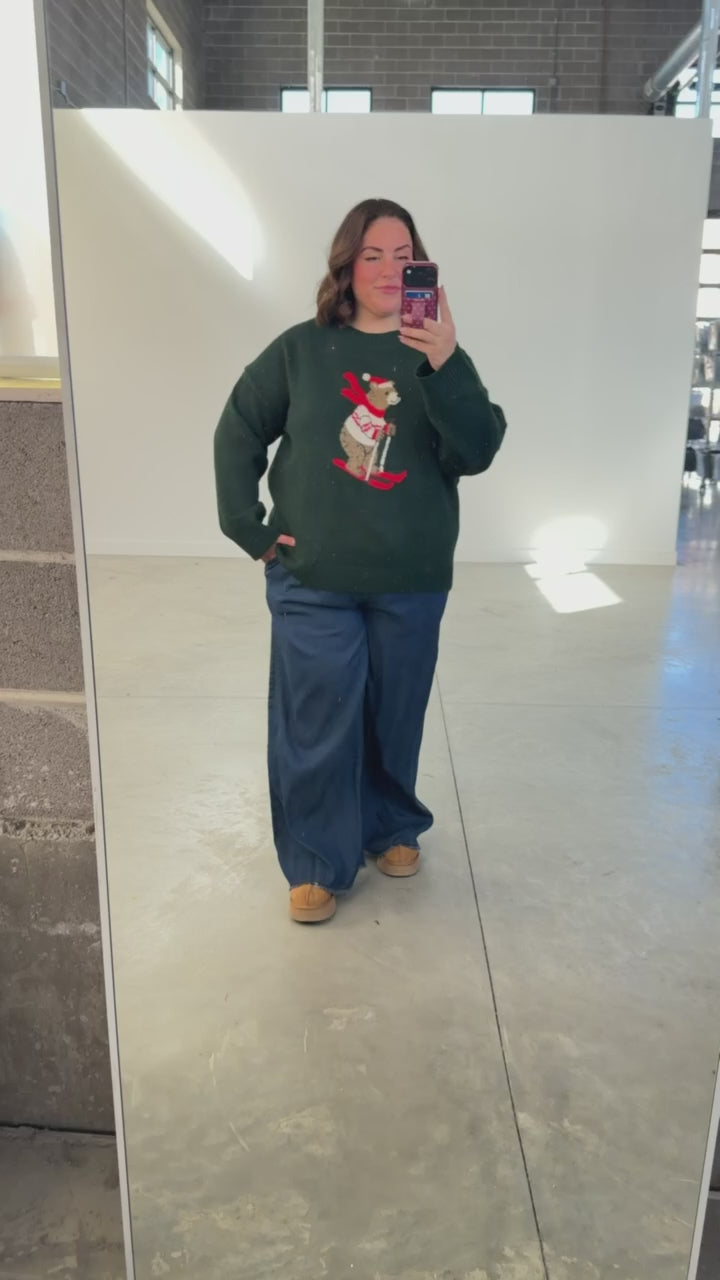 Skiing Bear Knit Sweater in Green