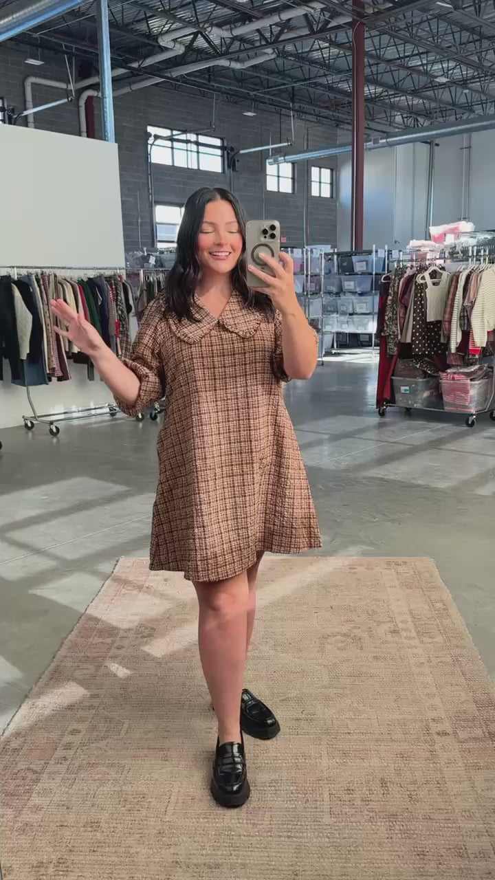 NAME A289 POLAGRAM PLAID PETER PAN COLLAR BUBBLE SLEEVE MINI DRESS