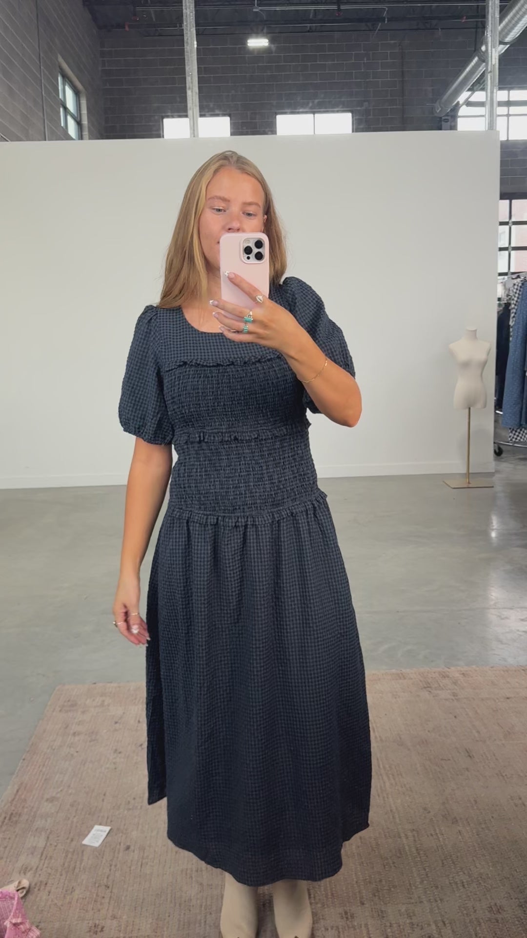 Sutton Gingham Smocked Maxi in Navy