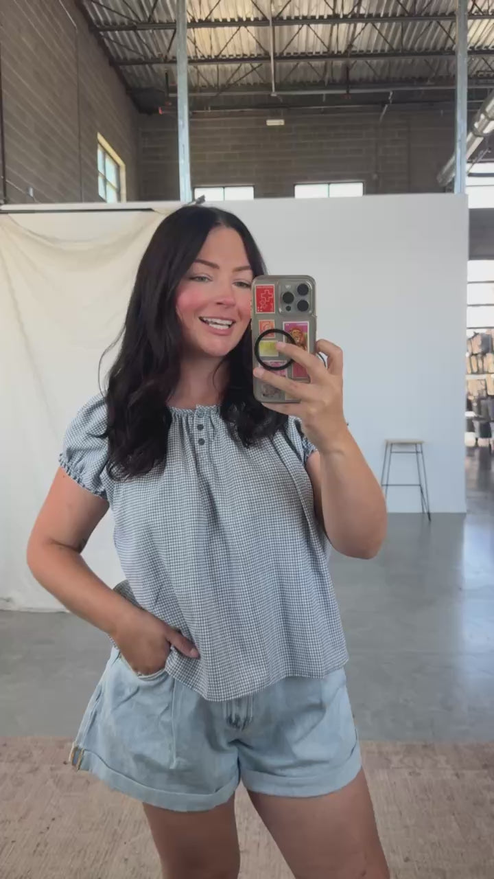 Delaney Gingham Blouse in Dusty Blue