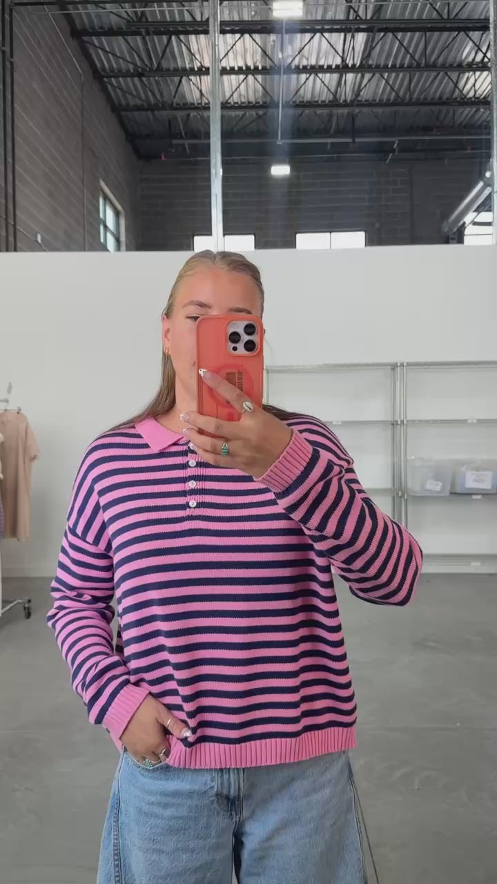 Knit Stripe Polo in Pink