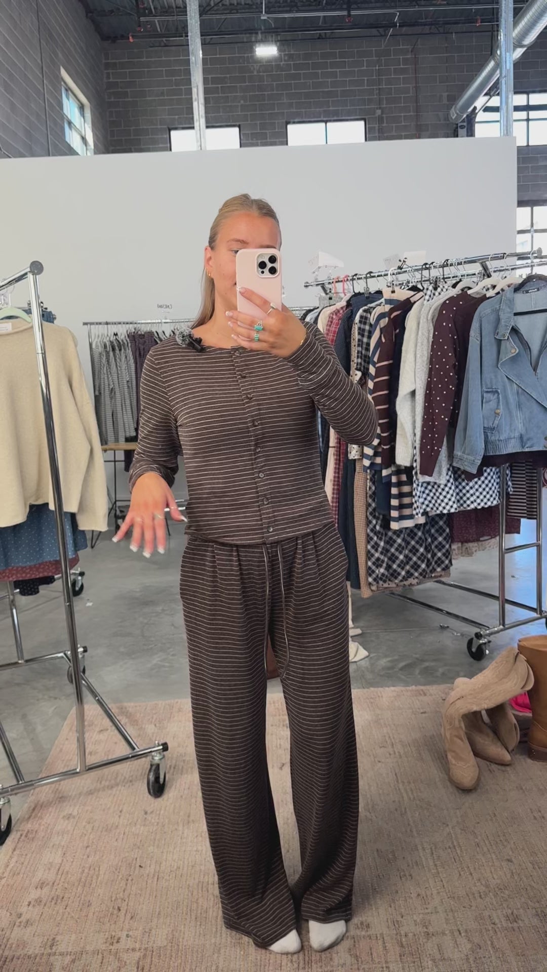 Lauren Stripe Button Up Top in Brown