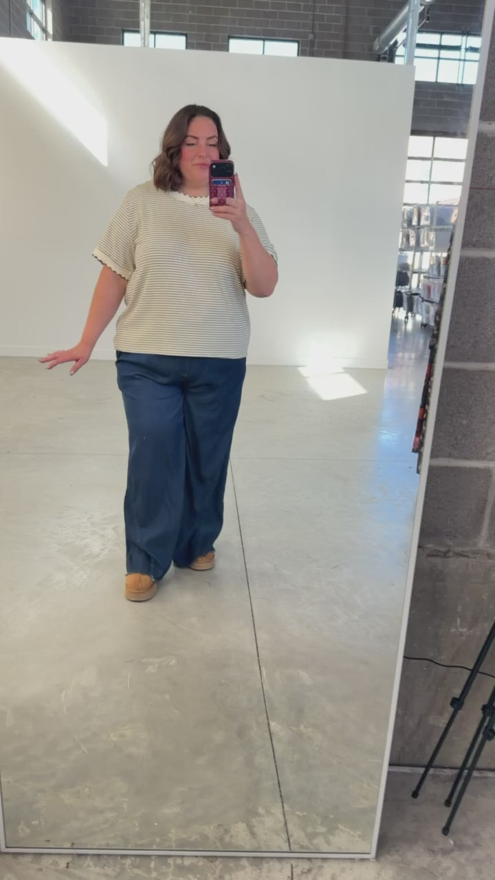 Patty Cream Mocha Stripe Scallop Trim Tee