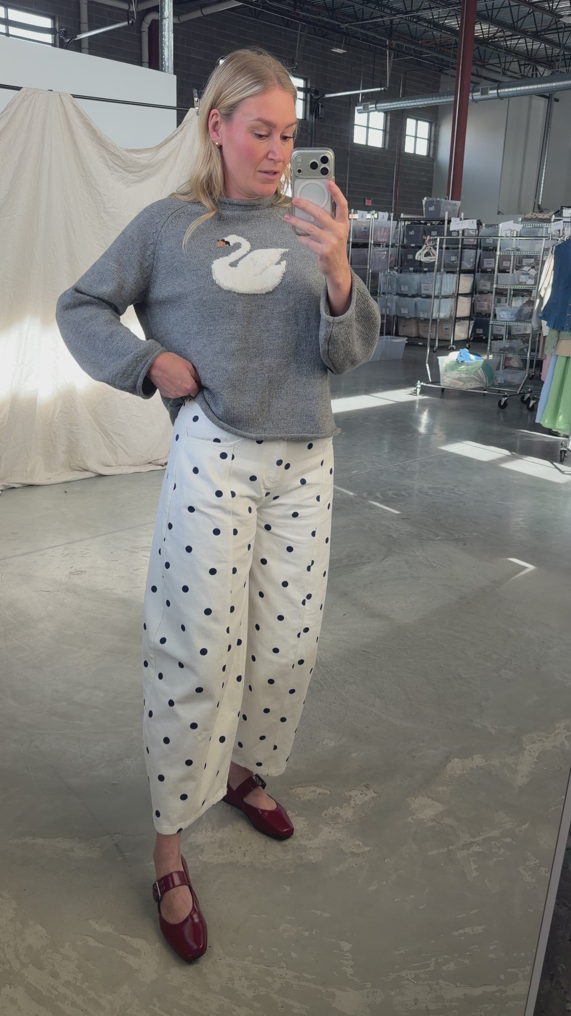 Dotted Barrel Jeans in Ivory/Navy