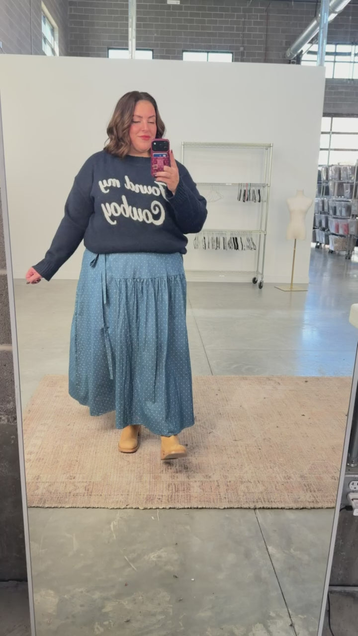 Polka Dot Chambray Faux Wrap Skirt