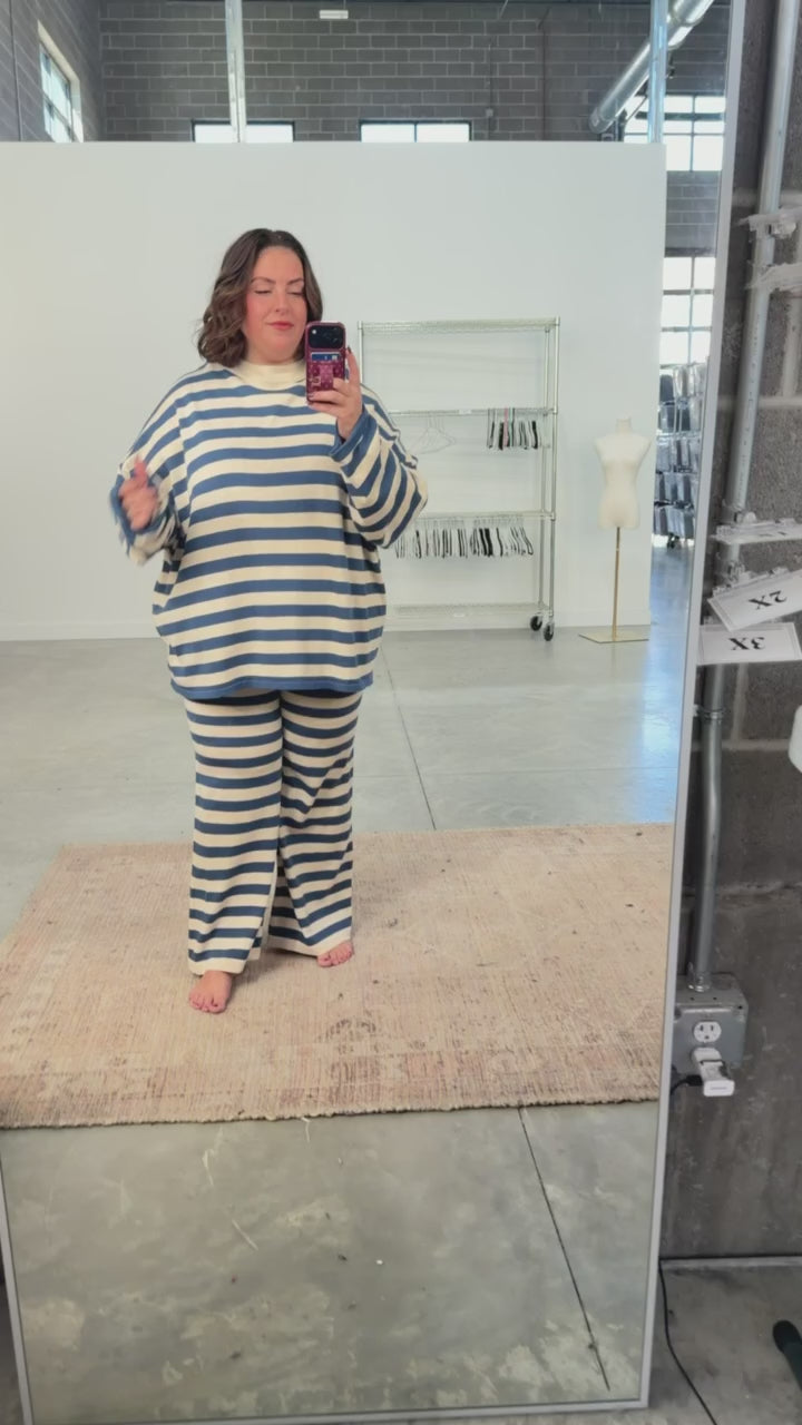 Gigi Stripe Knit Pants in Dusty Blue/Cream
