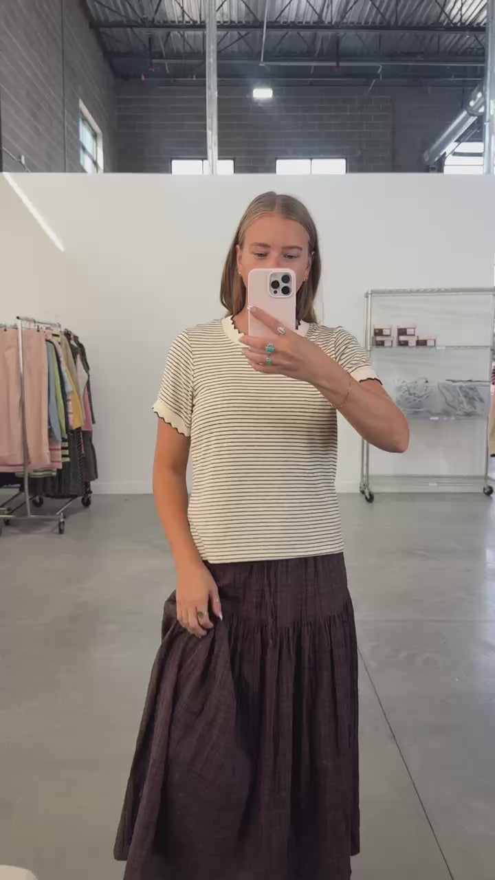 Patty Cream Mocha Stripe Scallop Trim Tee