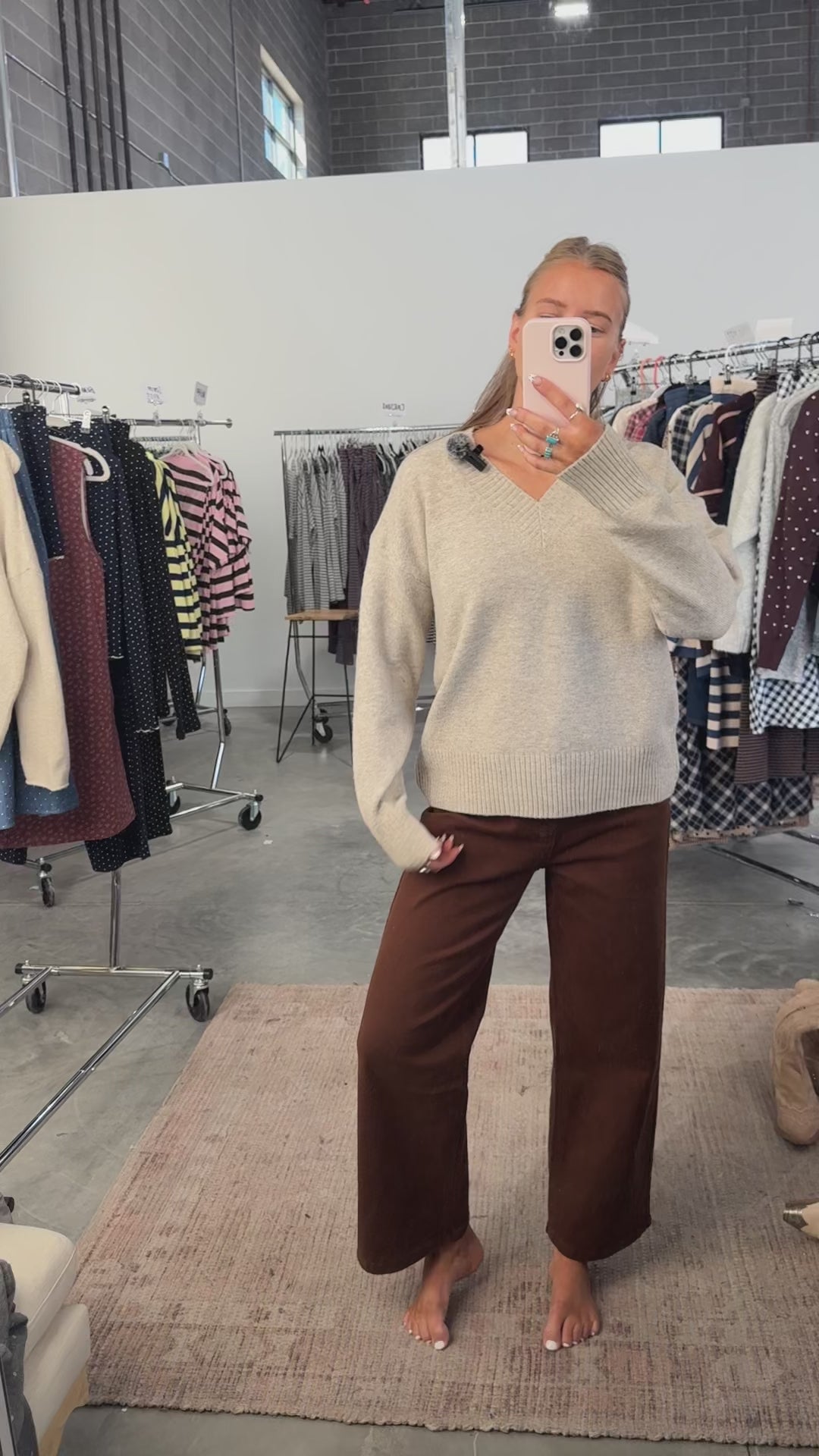 V-Neck Knit Sweater in Stone