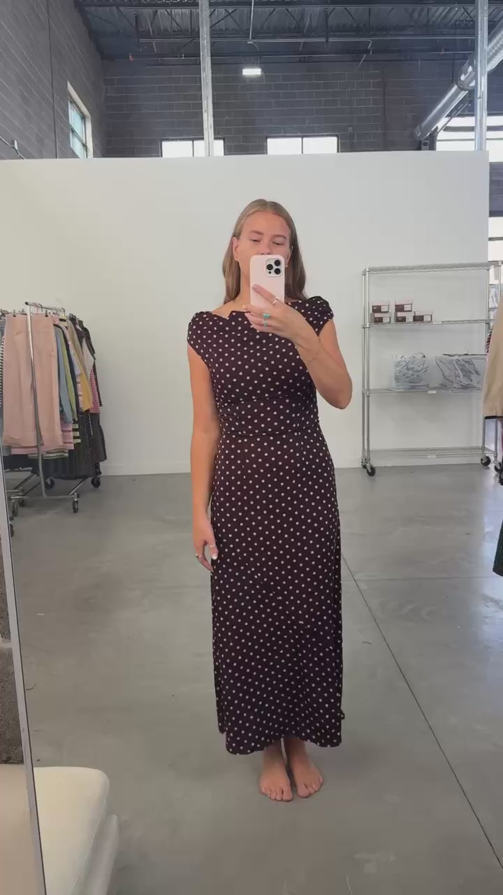 Lorelai Polka Dot Satin Midi Dress in Wine