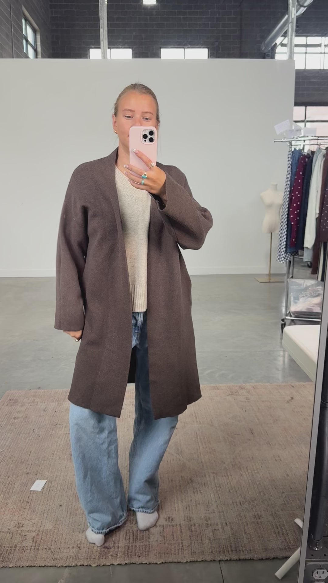 Open Long Knit Coat in Dark Taupe