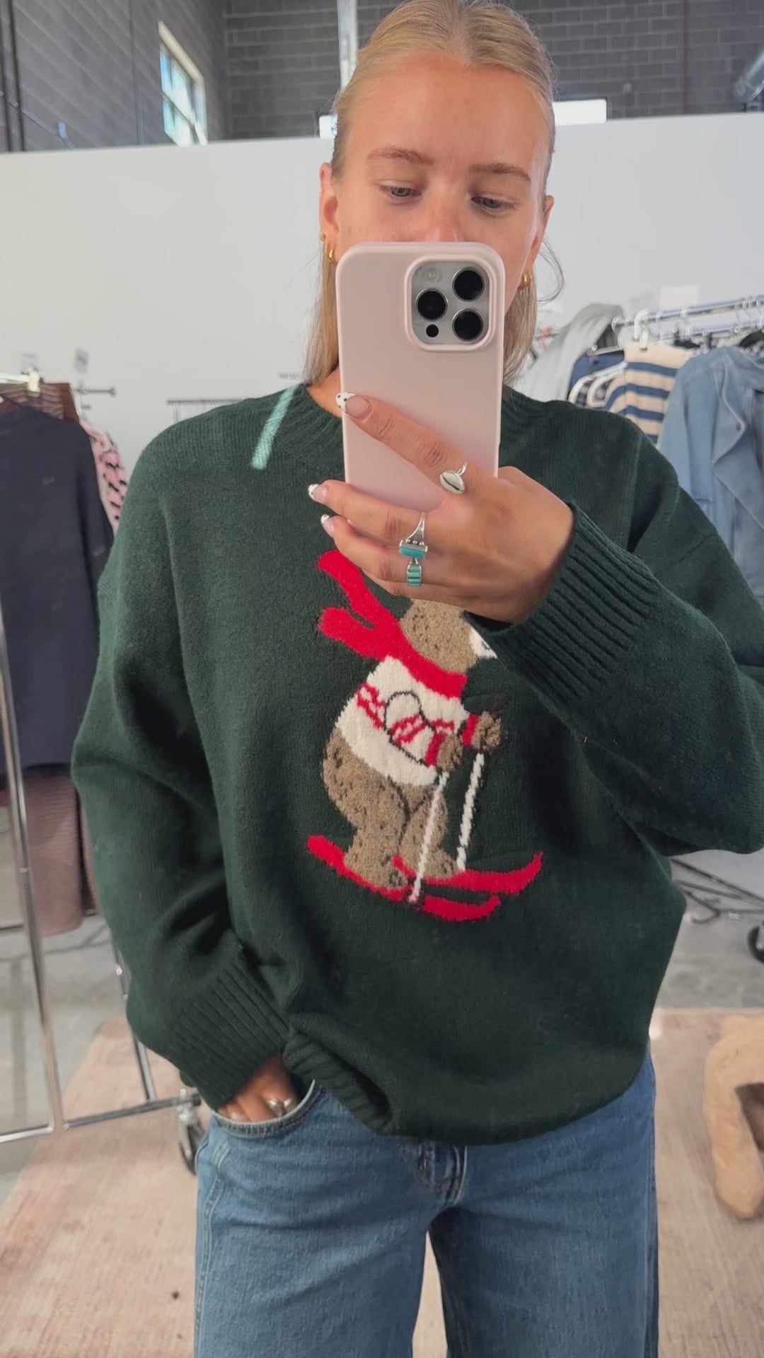 Skiing Bear Knit Sweater in Green